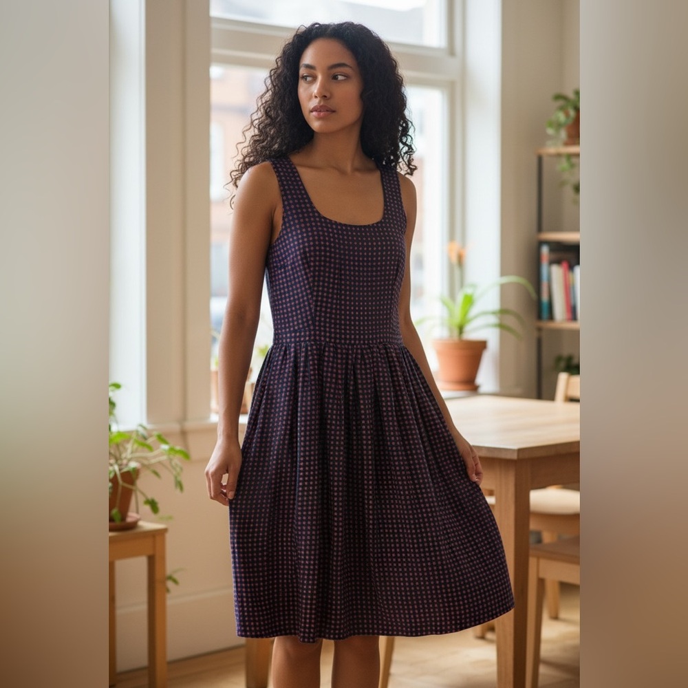 Maple 100% Silk Navy and Red Smock Waist Scoop Neck Sleeveless Dress size 2